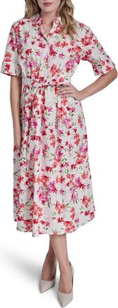 DKNY Floral Elbow Sleeve Cotton Shirtdress in Ivy/Coral at Nordstrom Rack, Size 10