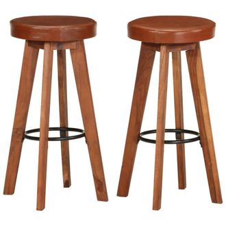 vidaXL Vidaxl - Taburetes De Cocina 2 Uds Cuero Aut&eacute;ntico Madera Maciza Acacia