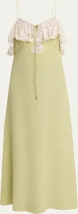 Chlo&eacute; Lace-Ruffle Silk Crepe De Chine Maxi Slip Dress