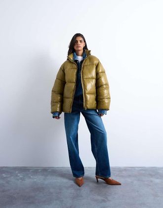 Topshop Piumino di lunghezza media kaki lucido-Verde