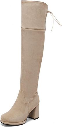 Generic Womens Round Toe Block Heels Over The Knee Boots Elastic Lace Up Wide Calf Thigh High Warm Winter Shoes with Zip (5.5,Apricot)
