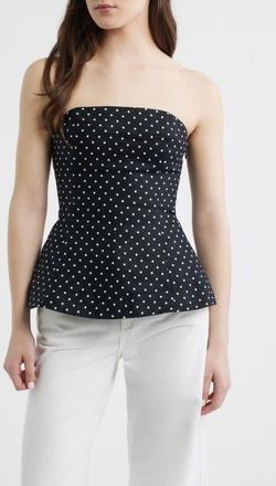 Faithfull The Brand Petro Polka Dot Strapless Linen Peplum Top in Lola Polka Dot-Black/Cream at Nordstrom, Size X-Large
