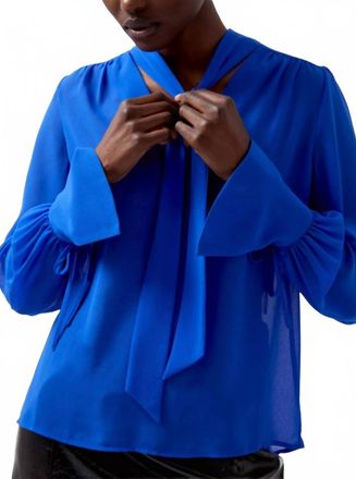 French Connection Eden Long Sleeve Tie Neck Top In Chroma Blue