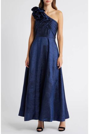 Tahari by ASL Rosette One-Shoulder Ball Gown In Navy