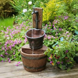 PRIMROSE Bucket Tap Water Feature Fountain Waterfall Cascade Oak Effect 62cm in Brown