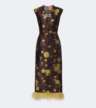 La DoubleJ Devon feather-trimmed jacquard midi dress