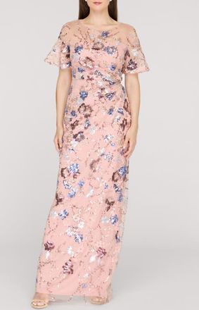 JS Collections Alisa Sequin Embellished Short Sleeve Column Gown in Rose Gold at Nordstrom, Size 18