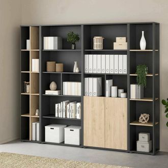 Dmora Dmora - Parete Attrezzata Litvjak, Composizione Soggiorno, Mobile Salotto Multiuso, Armadio Porta Tv, 241x34 H205 Cm, Rovere E Grigio