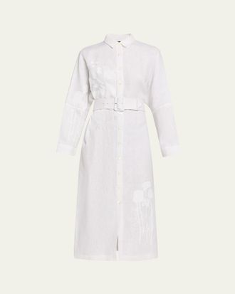 Libertine - Libertine White On White Hand Silk Screen Belted Linen Shirtdress