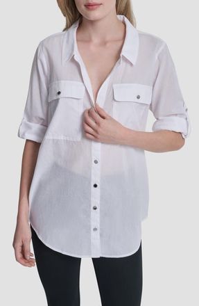 DKNY Short Sleeve Roll Tab Shirt in White at Nordstrom, Size X-Small
