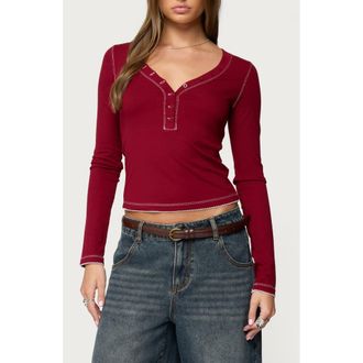 Edikted Yael Contrast Stitch Henley in Burgundy at Nordstrom, Size X-Small