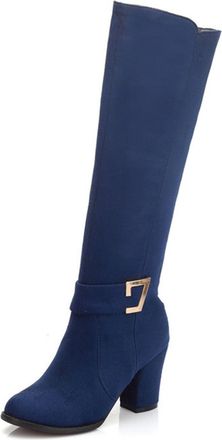 Generic Blue,8.5 UK,Fashion Belt Buckle Knee high Boots for Womens Round Toe Chunky Heels Tall Boot Suede Party Club Fall Winter Comfy Dress Shoes