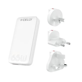 Celly Tctraveluni65w - Cargador Universal De Viaje, Carga R&aacute;pida Con Tecnolog&iacute;a Gan, Toma M&uacute;ltiple Para Ahorrar Espacio, Enchufe Usb-c Y Usb-a, Adaptador Un