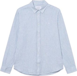 Les Deux Gestreept linnen overhemd wit blauw - Heren - Casual Overhemden - Blauw - M - Linnen - Overhemden