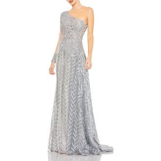 Mac Duggal One-Shoulder Hand-Beaded Mesh Dress in Platinum at Nordstrom, Size 12