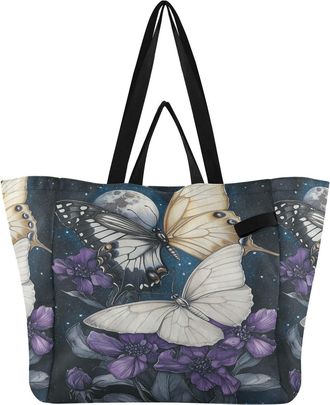 Generic White Butterfly Flowers pattern Reusable Canvas Tote Bag, Heavy Duty Grocery Shopping Bag with Large Capacity Double Handles Hard Bottom Work Grocerie