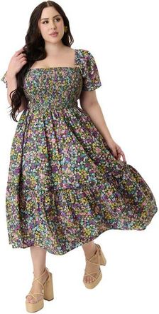 Unique Vintage Plus Size Smocked Bodice Midi Dress in Purple Floral at Nordstrom, Size 2X
