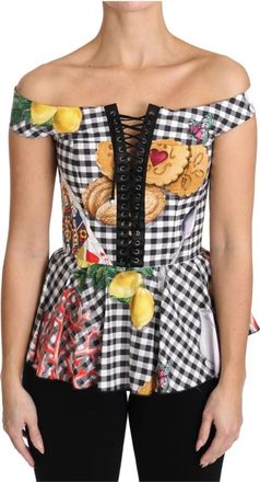 Dolce & Gabbana Chique Geruit Korset Top - Dames - Blouses - Veelkleurig - 2XS - Katoen - Overhemden