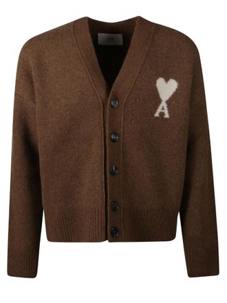 Ami Brown V-Neck Logo Cardigan