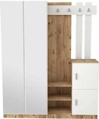 Dmora Mobile da ingresso Borealis, Entratina appendiabiti, Composizione per atrio, Consolle portaoggetti multifunzione, 147x38h180 cm, Quercia e Bianco