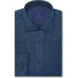 David Donahue Trim Fit Herringbone Linen Dress Shirt in Navy at Nordstrom, Size 16.5