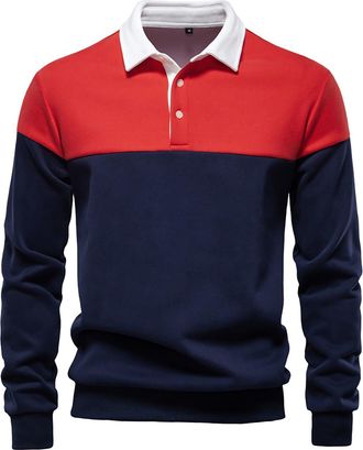 Generic Mens Polo Shirts Long Sleeve Casual Cotton Slim Fit Work Designer Grandad Collar Polo Shirts Workwear Golf Clothes Golf Tops with Pocket Breathable Fu