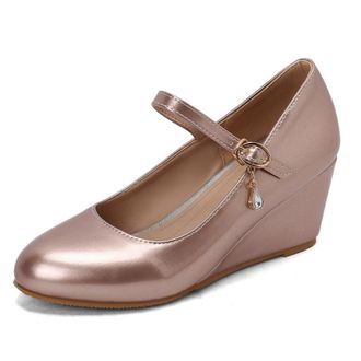 Generic Womens Mary Jane Wedge Shoes Adjustable Buckle Strap Teardrop Crystal Charm Round Toe Metallic PU Leather Non Slip Sole Comfortable Stylish Daily Shoe