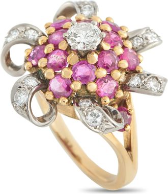 Luxury Bazaar 18K Yellow Gold 0.80ct Diamond and Ruby Flower Ring MF03-043026