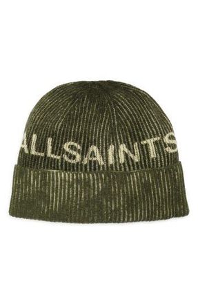 AllSaints Logo Print Beanie in Green/Chalk at Nordstrom Rack