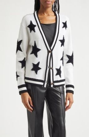 Alice & Olivia Bradley Intarsia Star & Stripe Trim Wool Blend Cardigan in Ecru/Black at Nordstrom Rack, Size X-Large