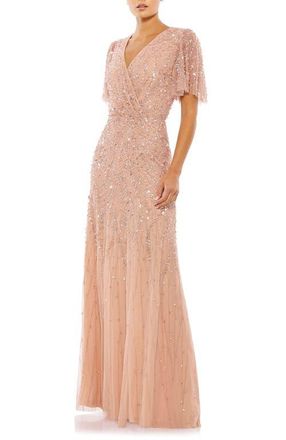 Mac Duggal Womens Embellished Flutter Sleeve Evening Gown in Nude at Nordstrom, Size 16