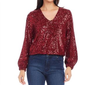 Karen Kane Blouson Sleeve Sequin V-Neck Top In Ruby