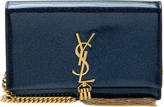 Saint Laurent Blue Glitter Patent Leather Monogram Kate Tassel Chain Wallet (Authentic Pre-Loved)