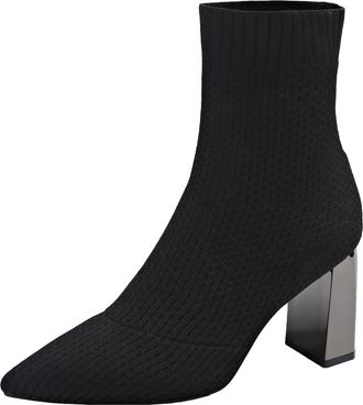 Generic Winter Ladies Fashion Knitted Mesh Pointed Toe Ankle Boots with Thick High Heel and Breathable Comfort Design for Women (Black, 6. 5)
