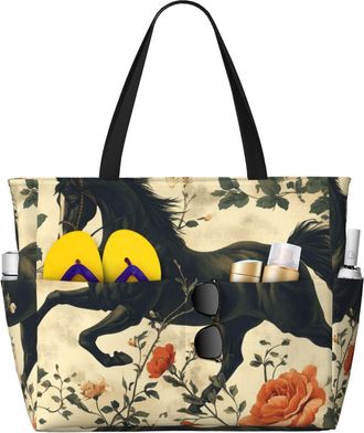 Generic Horse Floral Print Large Beach Bag Foldable Travel Shoulder Tote Bag With Pocket For Weekender Pool Vacation