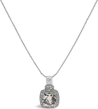 House of Brilliance Sterling Silver Cushion Gray Green Amethyst and Diamond Accent Halo Pendant Necklace