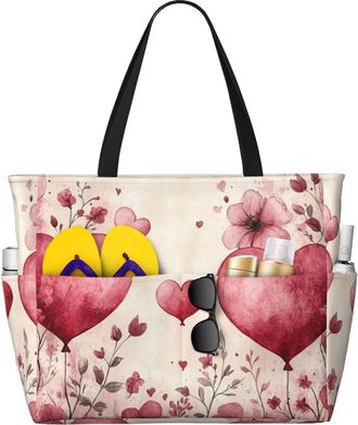 Generic Flowers Love Hearts Print Large Beach Bag Foldable Travel Shoulder Tote Bag With Pocket For Weekender Pool Vacation