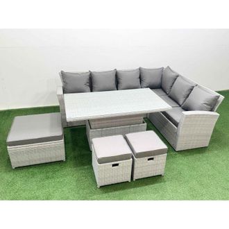 Fimous 9 Seat Rattan Garden Furniture Corner Sofa Set Outdoor Adjustable Lifting Dining or Coffee Table Set with Armchair 3 Footstools Light Grey - Fimous