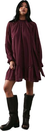Warehouse Premium Chiffon Tie Neck Moon Embellished Sequin Mini Smock Dress, 10, Burgundy