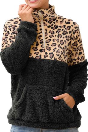 Generic Womens Leopard Print Polo Collar Sweatshirt, Soft Plush Warm Half Zip Top with Pocket Relaxed Fit for City Commuting and Casual Outings