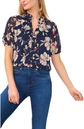 CeCe by Cynthia Steffe Floral Print Ruffle Neck Top in Classic Navy at Nordstrom, Size Small