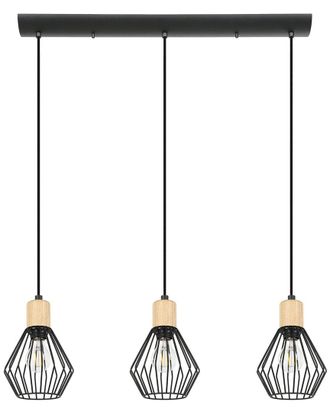 Eglo Eglo Palmorla 3 Light Linear Pendant With Black Finish & Open Frame Black Shades With Wood Accents