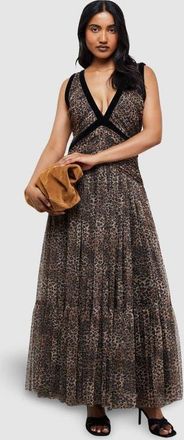 Warehouse Velvet Trim Leopard Tulle Maxi Dress in Animal at Nordstrom, Size 14