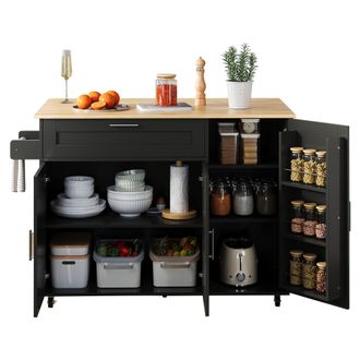 STILVORA Carro De Cocina Con 2 Puertas, 1 Caj&oacute;n, Estantes Ajustables Y Toallero, En Mdf, Negro Y Natural, 132,5 X 44 X 90 Cm