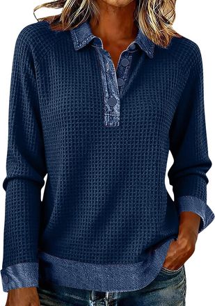 Generic Womens Denim Collared Shirt, Womens Denim Patchwork Shirt V Neck Button Long Sleeve Sweatshirt Pullover Elegant Casual Waffle Stitching Trendy Blouses