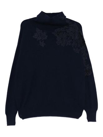 Ermanno Scervino floral-appliqué roll-neck sweater - women - Cashmere/Polyester/Cotton/Polyamide/Viscose - 42 - Blue