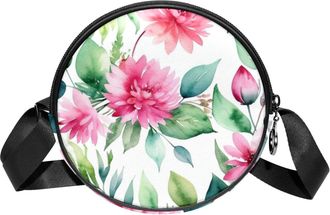 Generic Circle Crossbody Bag for Women, Floral Leaves Small Sling Bag Daypack with Zipper Adjustable Shoulder Straps Casual Ladies Girls Round Purse