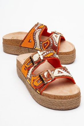 Prologue Bobby Beaded Straw Platform Slide Sandaal