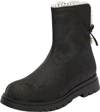 Generic Womens Floral Mid Calf Boots Round Toe Low Square Heel With Side Zipper And Decorative Flower Beading