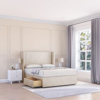 Sloomy Devonshire Plush Wingback Bed Set, 2 Drawers & 54 Floor Standing Headboard in Cream | Size: King